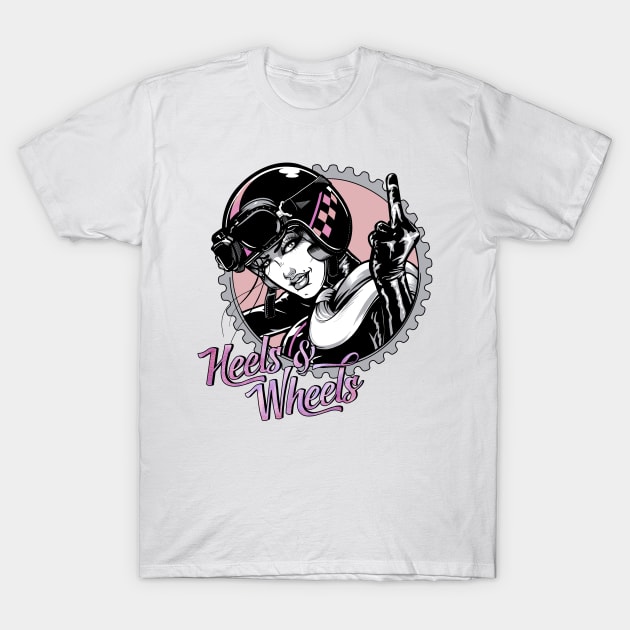 Heels and Wheels Biker Girl T-Shirt by JadesCanvas